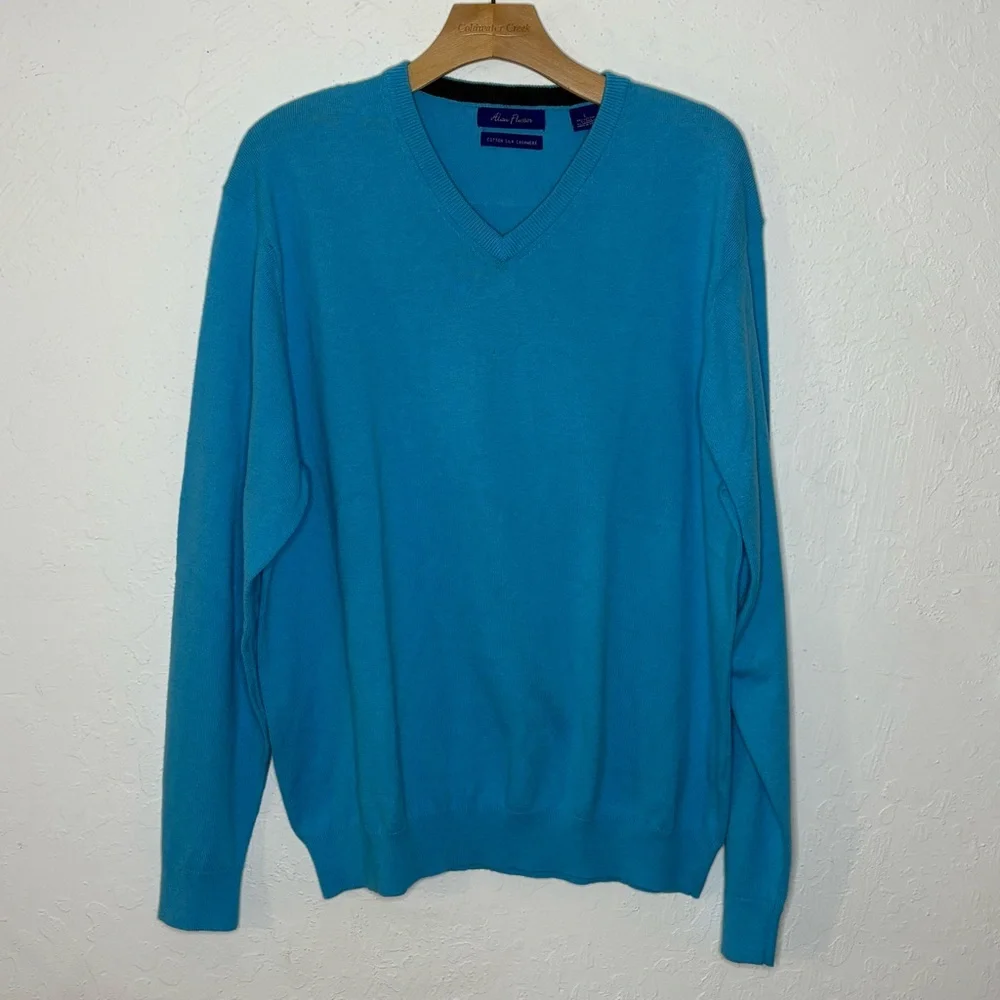 Alan Flusser Cotton Silk Cashmere‎ V Neck Blue Sweater Men’s L Soft Pullover